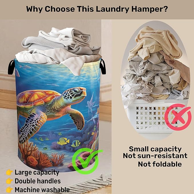 Sea Turtle Large Clothes Hamper Bag - Laundry Basket with Handles, Space Saving Foldable Design for Nursery
