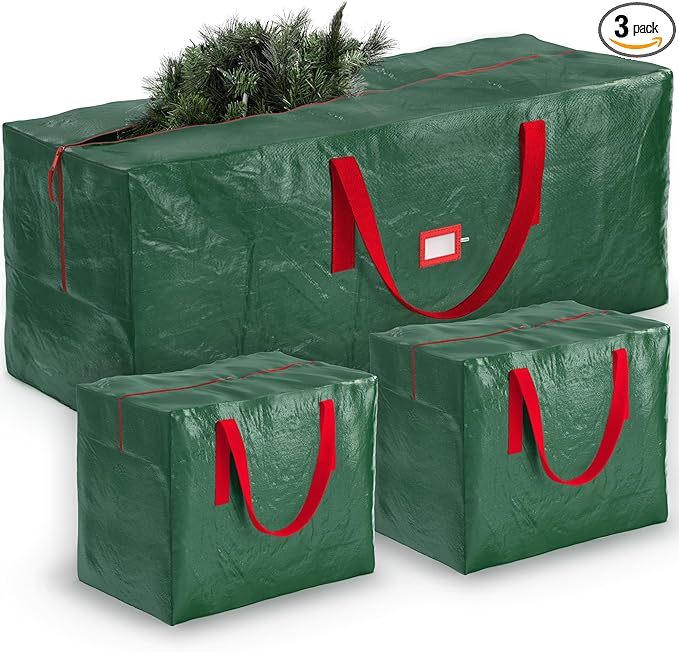 ZOBER Christmas Tree Storage Bag - With 2 Ornaments Accessories/Garland Bags - Fits 7.5 Ft Trees - Plastic, Waterproof Christmas Tree Bag For Storage Box For Xmas - Strong, Durable Handles - Green