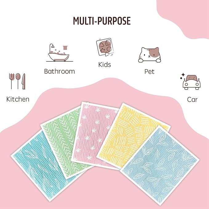 Augine Swedish Dishcloths for Kitchen, 5 Pack Reusable Paper Towels Washable, Super Absorbent Swedish Dish Cloths, Non-Scratch, No Odor