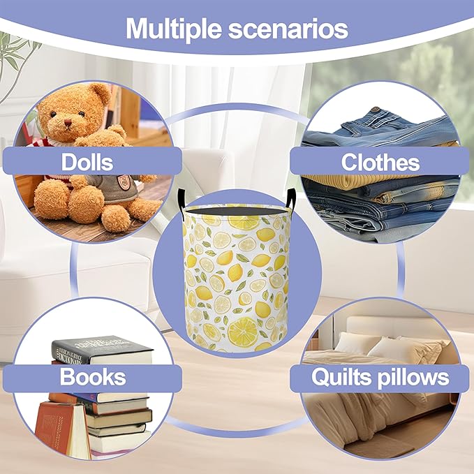 Yellow Lemon Laundry Hamper Large Canvas Fabric Lightweight Storage Basket/Dirty Clothes Collapsible Waterproof for College Dorms, Boys and Girls Bedroom,Bathroom