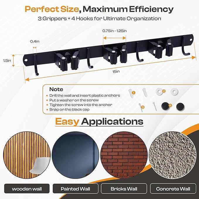 Heavy-Duty Stainless-Steel Broom Holder Wall Mount with 3 Racks and 4 Hooks | Waterproof Mop and Broom Hanger | Adjustable, Garage & Garden Tool Organizer | Black