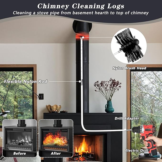 Chimney Sweep Kit Chimney Brush Kit Chimney Cleaning Kit, 20FT Dryer Vent Cleaner Kit Duct Cleaning Tools, Dryer Vent Cleaning Kit Fireplace Chimney Brushes-15pcs Flexible Rods, 2pcs 8in Chimney Brush