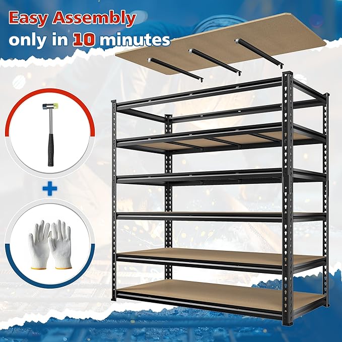 DurayLoly 55" W Storage Shelves, 3060LBS Garage Shelving, 6-Tier Heavy Duty Shelving, Adjustable Metal Shelving Unit for Garage, Warehouse, Pantry, Kitchen, 55" W × 24" D × 84" H, Black
