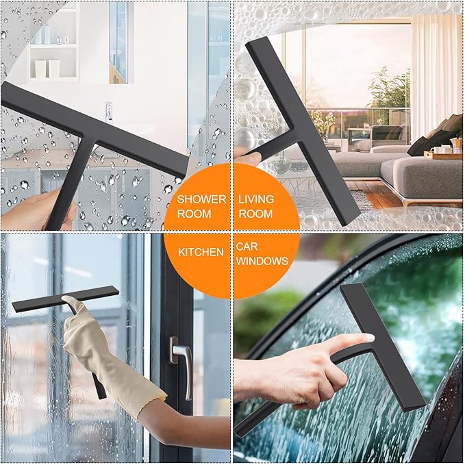 Anlynwooh All -Purpose Silicone Shower Squeegee for Shower Glass Door with Hook, Bathroom Accessories for Window Mirror Tile Car Shower Walls,Household Shower Cleaner Tool (Black, 11inch)