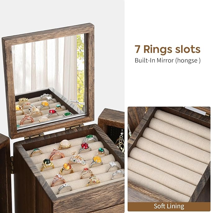 Meangood Jewelry Box Wood for Wowen, 5-Layer Large Organizer Box with Mirror & 4 Drawers for Rings, Earrings, Necklaces, Walnut