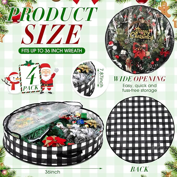 Aliceset 4 Pack Wreath Storage Containers, Christmas Ornament Garland Wreath Storage Bags with Handle Dual Zipper Large Decorative Storages Box for Winter Wreaths(36 x 36 x 7.8 Inch,Black White Plaid)