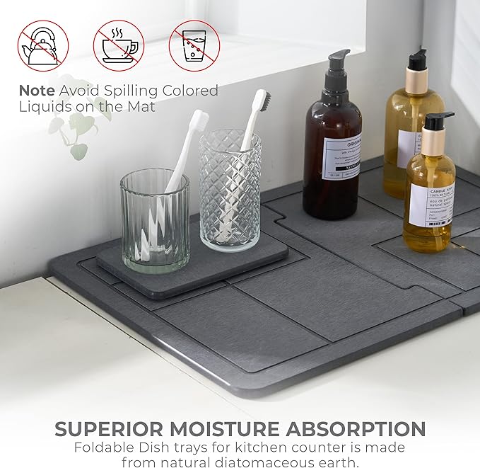 Large Stone Dish Drying Mat for Kitchen Counter, 2PCS Quick Dry Stone Dishes Mats, Detachable Water Absorbing Diatomaceous Earth Drying Pad for Bottles Dish Cups(Dark Gray 24"×16" & 8"x5")