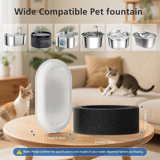 32 Pack Cat Water Fountain Filters for 108/3.2L& 67oz/2L Stainless Steel Pet Water Dispenser Cat/Dog Fountain Filter Replacement(16 Filters & 16 Sponges)