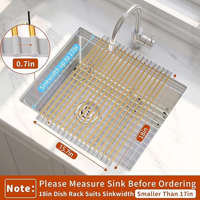 HAYAWEY Golden Roll-UP Dish Drying Rack-Large Stainless Steel Dish Drainer Over The Sink for Kitchen Countertop, Applicable for Sink Width Less Than 16.5in (Gold,17.8'x 15.7')