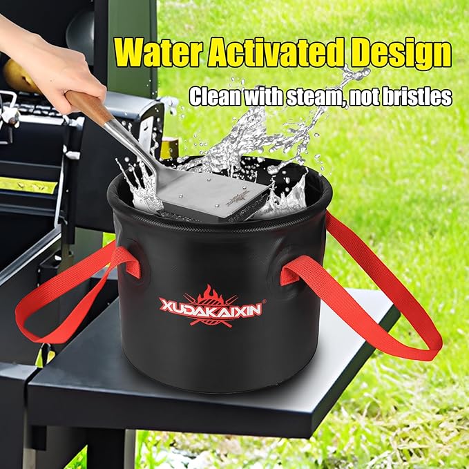 XUDAKAIXIN Upgraded Grill Brush Bristle Free,Water-Activated steam Effectively Cleans The Grill.Unique Wave pad for Cast Iron/ (Black-Water Bucket)