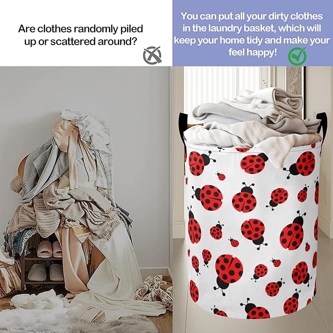 Cute Red Ladybugs Laundry Hamper Large Canvas Fabric Lightweight Storage Basket/Dirty Clothes Collapsible Waterproof for College Dorms, Boys and Girls Bedroom,Bathroom