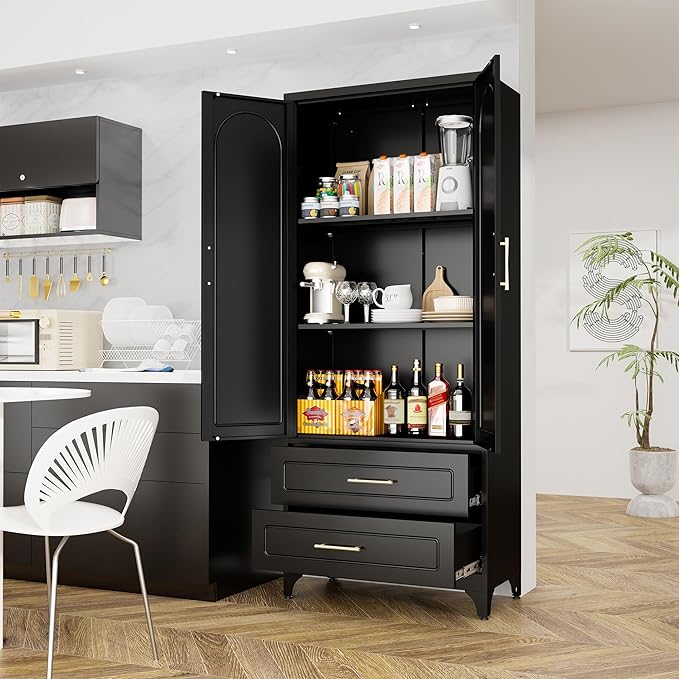 Metal Storage Cabinet with Doors and Shelves, 75" Tall Kitchen Pantry Storage Cabinets with 2 Drawer, Black Food Pantry, Home Office Cabinet, Large Cupboard for Kitchen, Dining, Living Room