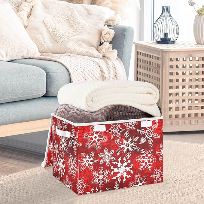 Christmas Baskets Collapsible Storage Bins with Lids, Christmas Red Pattern with Snowflakes Flower Storage Boxes Clothes Baskets for Organizing