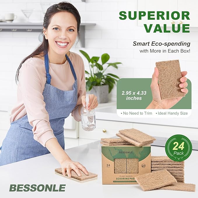 BESSONLE 24 Pack Natural Scrub Kitchen Sponges - Coconut Husk Non Abrasive Scouring Pads - Multipurpose Scrubbing for Dishes - Heavy Duty Dishes, Pan and Pot Scrubbers for Kitchen Non Scratch