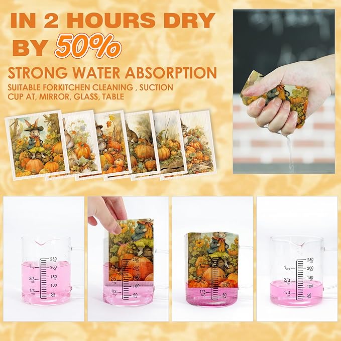 Morigins Fall Pumpkin Swedish Dishcloths for Kitchen 6 Pack Bunny Autumn Cellulose Sponge Cloths Non Scratch Reusable Paper Towels No Odor, Biodegradable and Reusable Kitchen Dish Rags