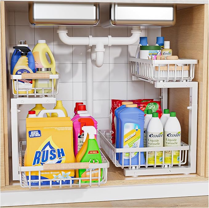 ENRUNEST Under Sink Organizer,2 Pack Under Kitchen Sink Organizer,2 Tier Sliding-Out,5 Level Height Adjustable,Thickened Carbon Steel,Anti-rust Treatment,For Kitchen Bathroom White