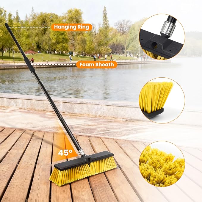 18 Inches Push Broom Outdoor，Commercial Broom Brush，Stiff Bristle Brush with 61.8 inches Long Handle for Patio Garage Deck Street Shop Warehouse Lawn Driveway -2 Pack