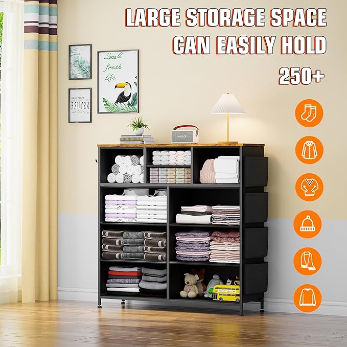 10 Drawer Dresser, Chest of Drawers for Bedroom, Fabric Dresser Drawers with Side Pockets, Hooks, Wooden Top and Sturdy Metal Frame for Living Room, Closet, Hallway (Brown)