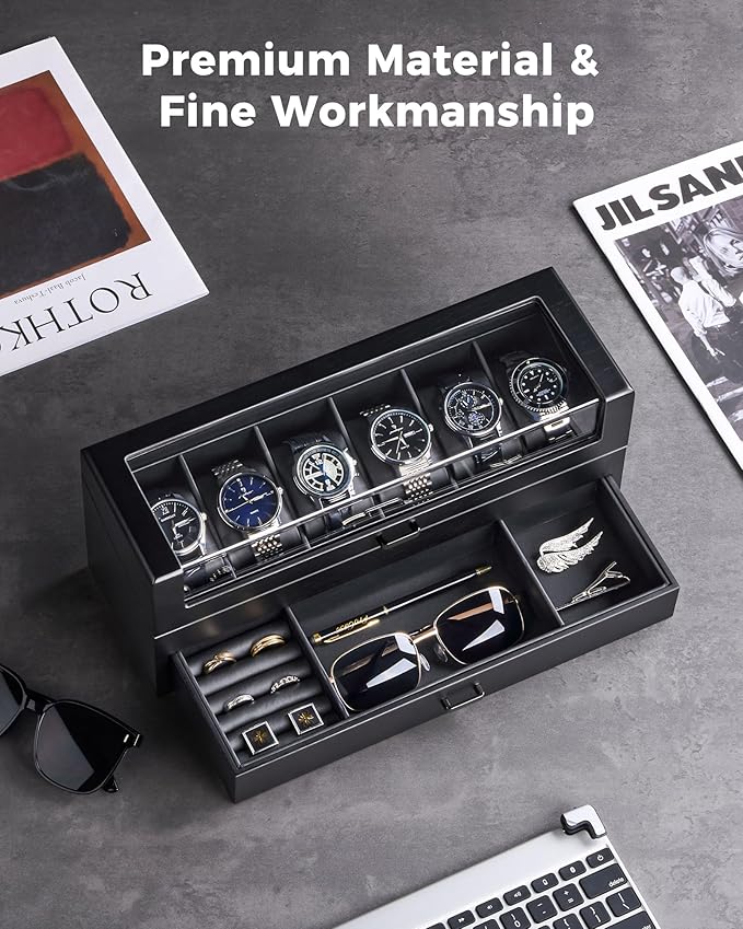 ProCase Wooden Watch Box for Men, Wood Watch Display Case Men's Jewelry Organizer Box with Drawer -6 Slot, Black