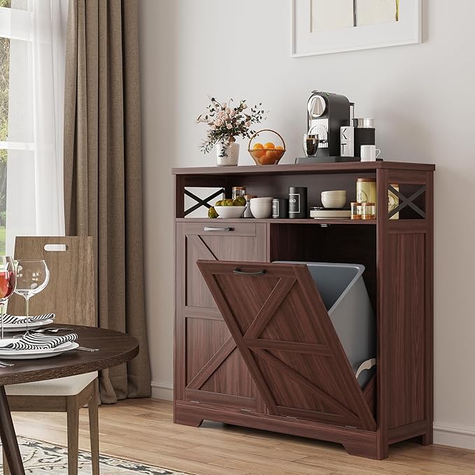 Double Tilt Out Trash Can Cabinet for 13 * 2 Gallon Garbage Can, Farmhouse Kitchen Garbage Trash Bin for Hidden Laundry Basket, Dual Dog Proof Recycling Cabinet for Living Room, Dark Brown