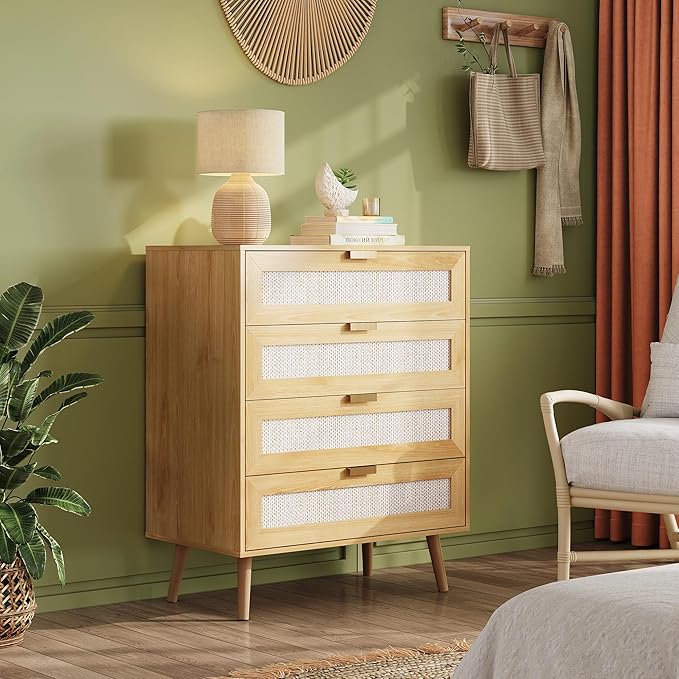 WLIVE Rattan Dresser for Bedroom, 4 Drawer Wooden Boho Dresser Storage with Gold Metal Handle, Chest of Drawers for Living Room, Closet, Hallway, Light Oak