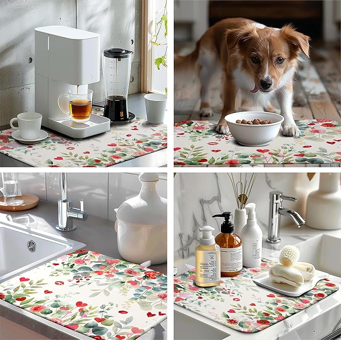 Wnoesat Valentine Dish Drying Mat for Kitchen Counter 18x24 Inch Valentines Love Heart Rose Eucalyptus Leaf Dishes Drying Pad Microfiber Absorbent Dish Draining Mat Washable Dish Drainer Mats