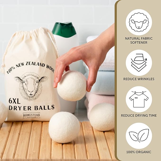 Homestead Houseware XL Wool Dryer Balls 6-Pack – 100% New Zealand Wool, Natural Fabric Softener & Static Reducer, Reusable Laundry Balls for Pet Hair, Eco-Friendly Dryer Sheets Alternative