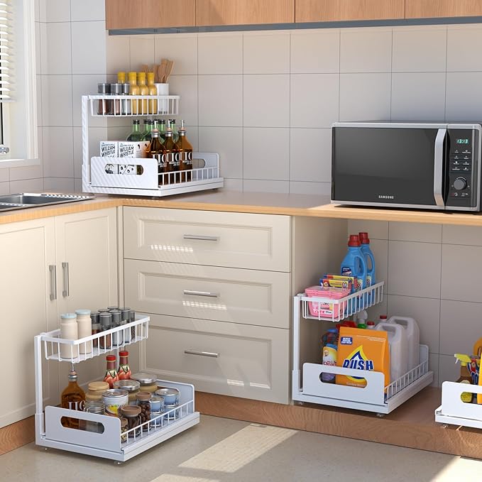 MERATIA Under Sink Organizer, 2 Tier Pull Out Cabinet Organizer,Slide out Metal Cabinet Organizers Multi-Purpose Drawer Shelf for Kitchen Bathroom Pantry Cabinet Closet Organization Rack,White 1 Pack