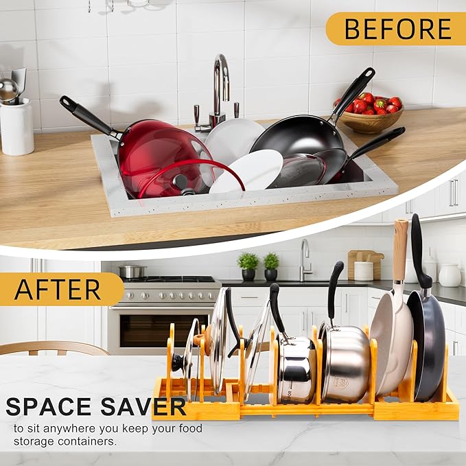 MinBoo Bamboo Expandable Pot Lid Organizer Pot Lid Holder, Pot and Pan Organizer Drawer Organizer for Pot Lids, Adjustable Dividers for Kitchen Cabinet Organizers and Storage,Small