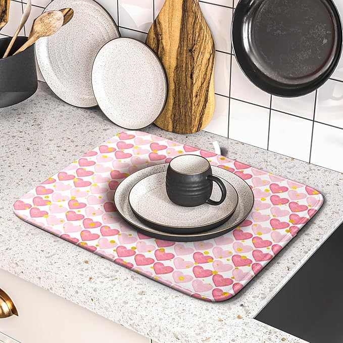 Valentines Day Dish Drying Mat for Kitchen Counter 18x16 Inch Love Drying Mat with Absorbent Reversible Microfiber Golden Pink Heart Dish Drainer Mats Rack Pad for Coffee Countertop Protector