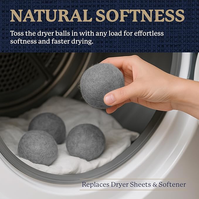 Farberware Wool Dryer Balls 4 Pack – Reusable 100% Wool Balls for Dryer – Natural Fabric Softener for Laundry, Towels & Bedding, Replaces Fabric Sheets & Liquid Softeners