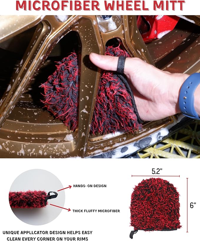 Premium 7PCS Car Wheel Rims Detail Cleaning PRO Wash Kit, Wheel Wash Mitt, Tire Brush,2PCS Soft Woolies Wheels Brush,Detailing Brush and Tire Dressing Pad,Microfiber Dry Towel Scratch-Free Cleaning