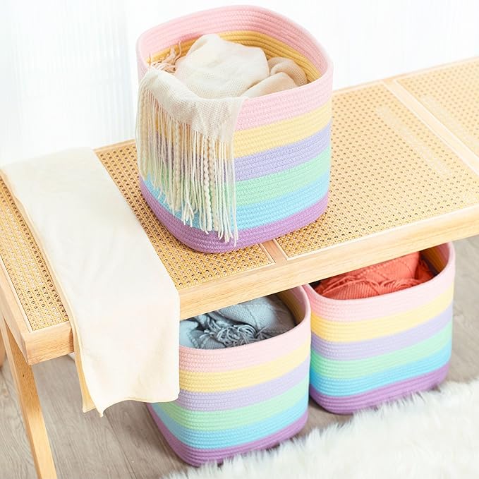 MINTWOOD Design 3-Pack 11x11in Woven Cube Storage Bin and Shelf Baskets, Cute Decorative Square Organizer for Closet, Classroom, Bathroom, Dog and Cat Toys, and Books, Pastel Rainbow