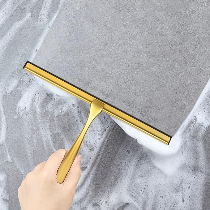 steauty Shower Squeegee for Glass Doors,12-Inch Shower Glass Squeegee, Gold Shower Squeegee for Shower Doors,Mirror,Windows, with Shower Door Hook and Adhesive Hook