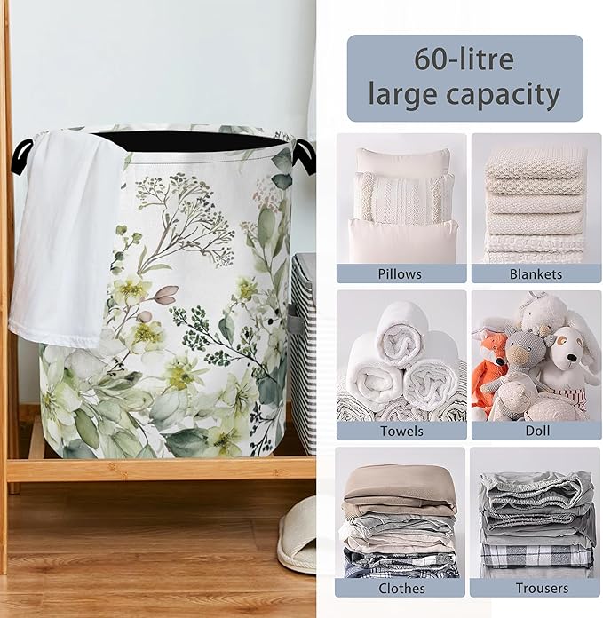 Flowers Plants HerbsLaundry Hamper,Dirty Clothes Laundry Basket with Handles Waterproof Oxford Cloth Storage Basket for College Dorms Bathroom Bedroom 16" x 20.8"