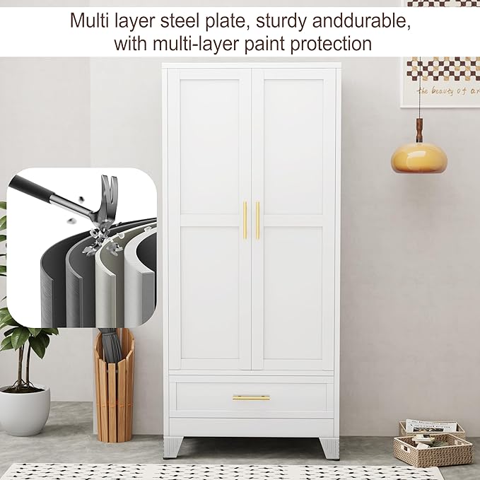 71" H Metal Tall Armoire Wardrobe Closet with Drawer,Household Steel Wardrobe Closet Cabinet with Drawers,Clothing Storage Wardrobe Cabinet with Adjustable Shelves and Hanging Rod for Bedroom