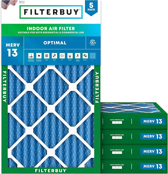 Filterbuy 14x27x2 Air Filter MERV 13 Optimal Smoke & Allergy Defense (5-Pack), Electrostatic Pleated HVAC AC Furnace Filters Replacement, Made in USA (Actual Size: 14.00 x 27.00 x 1.75)