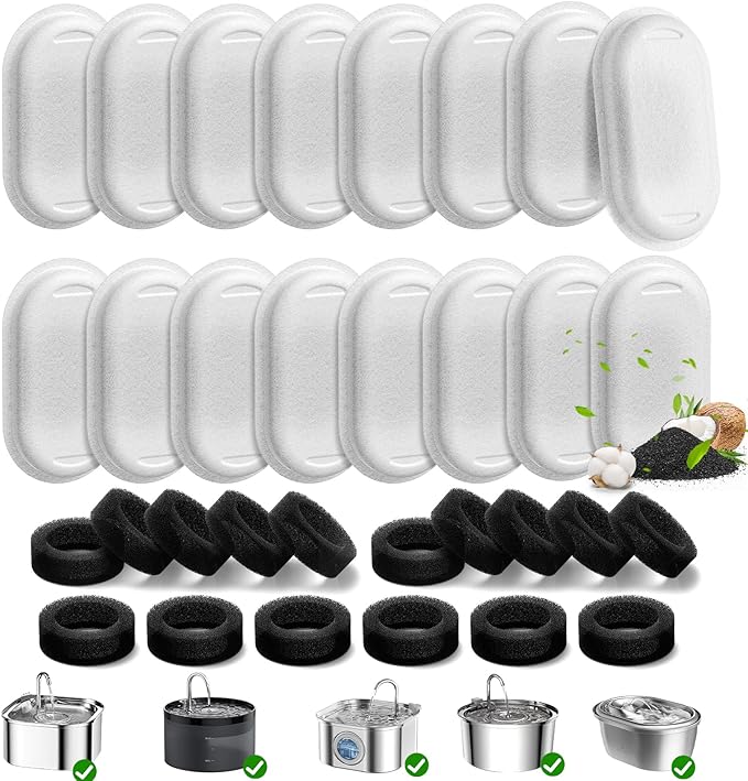 32 Pack Cat Water Fountain Filters for 108/3.2L& 67oz/2L Stainless Steel Pet Water Dispenser Cat/Dog Fountain Filter Replacement(16 Filters & 16 Sponges)