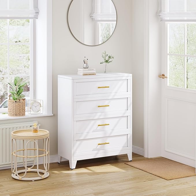 Metal Dresser Tall White Dresser for Bedroom Chest,43.11" H Drawer Chest, Closet Dressers & Chests of Drawers for Living Room, Hallway (4 Drawers)