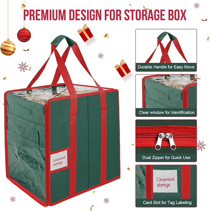 Christmas Ornament Storage Box, Stores Up to 100 Count 3 Inch Ornaments, 5 Individual Trays, Adjustable Dividers, 600D Oxford Fabric, Large Organizer Bin to Protect and Store Holiday Décor