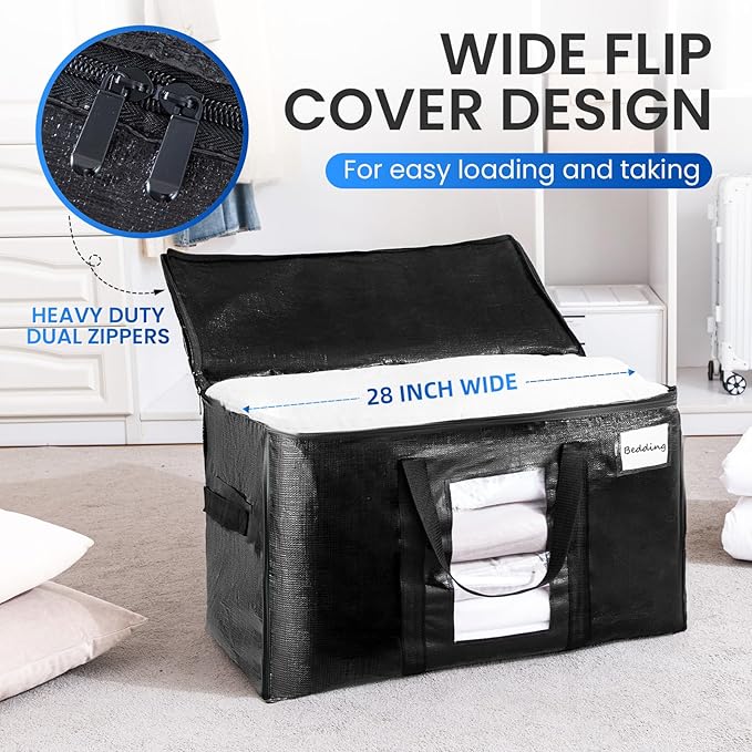 TAILI Extra Large Moving Bags, 12 Pack Black Heavy Duty Totes for Storage with Visible Window, Wrap Around Handles, Storage Bags for Space Saving, Alternative to Moving Boxes
