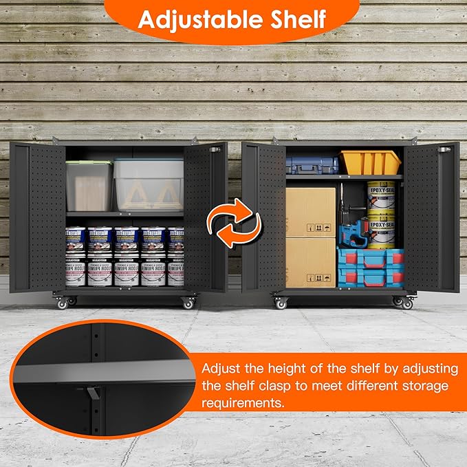 Aobabo 34.3 Inches Metal Storage Cabinet with Wheels and 2 Pegboards, Lockable Rolling Tool Storage Cabinet with 1 Adjustable Shelves for Garage,Assembly Required,Black