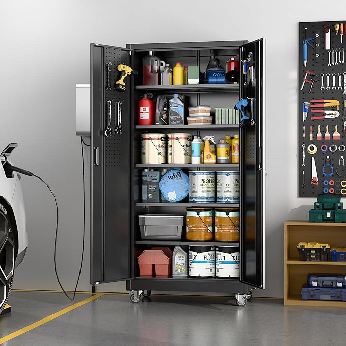 Upgraded Metal Storage Cabinet with Pegboard,71" H Garage Storage Cabinet with Wheels and 5 Shelves,for Garage,Home Office,Required Assembly,Black