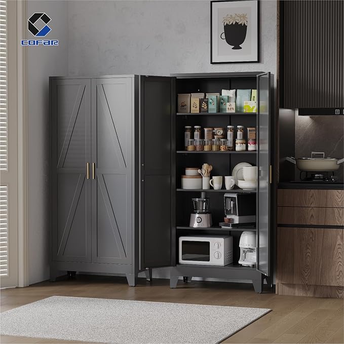COFaR 71'' Tall Metal Pantry Cabinet, Kitchen Storage Cabinet with Doors and Shelves, Freestanding Farmhouse Food Cupboard for Kitchen Dinning Room Garage, Black 5-Tier