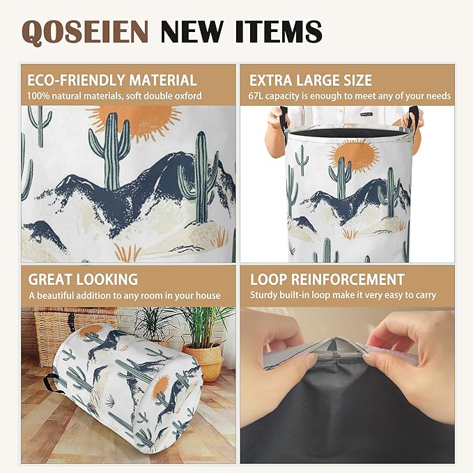 Laundry Basket,Western Tropical Cactus Collapsible Laundry Baskets,Sun Waterproof Oxford Hamper with Handles for Bathroom Bedroom Nursery Home Storage 16"x20"