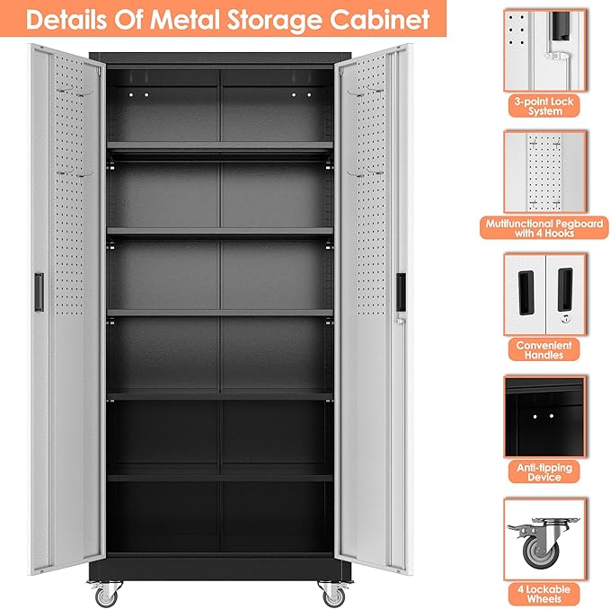 Aobabo Upgrade 71H''*34''W*18''D Metal Garage Storage Cabinet with Wheels and Pegboards, 5 Adjustable Shelves Steel Storage Cabinets for Home,Warehouse,Garage,Assembly Required,Black Sliver