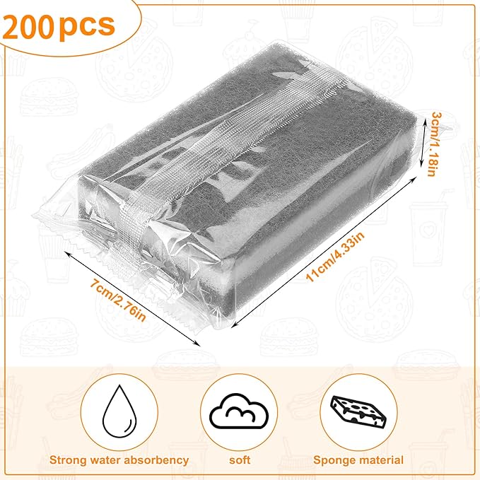 Ovveroche 200 Pcs Individually Wrapped Sponges, Uncompressed Non Scratch Scrouing Sponges for Household Cleaning Dishes Kitchen Airbnb Apartment Car Bike Gray