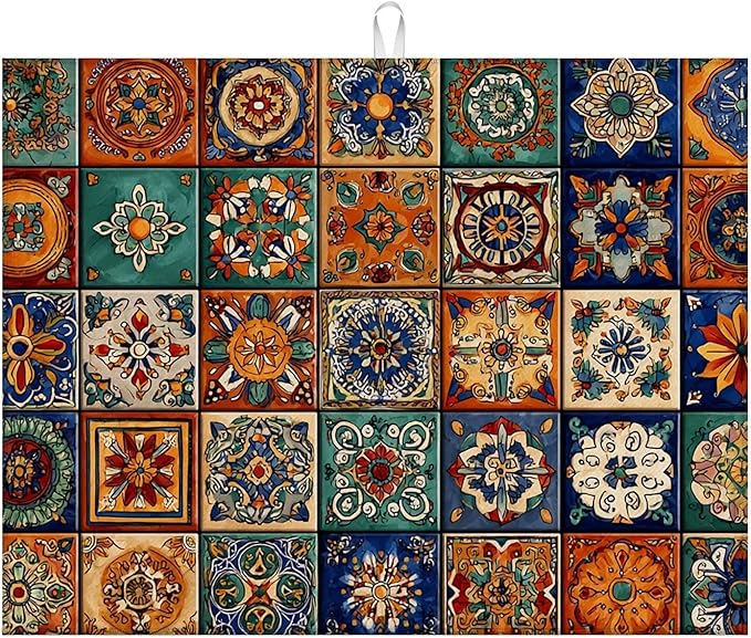 Dish Drying Mat For Kitchen Counter, Talavera Mexican Tiles Microfiber Absorbent Dish Drainer Rack Pad Reusable Large 18x24in Drying Mat