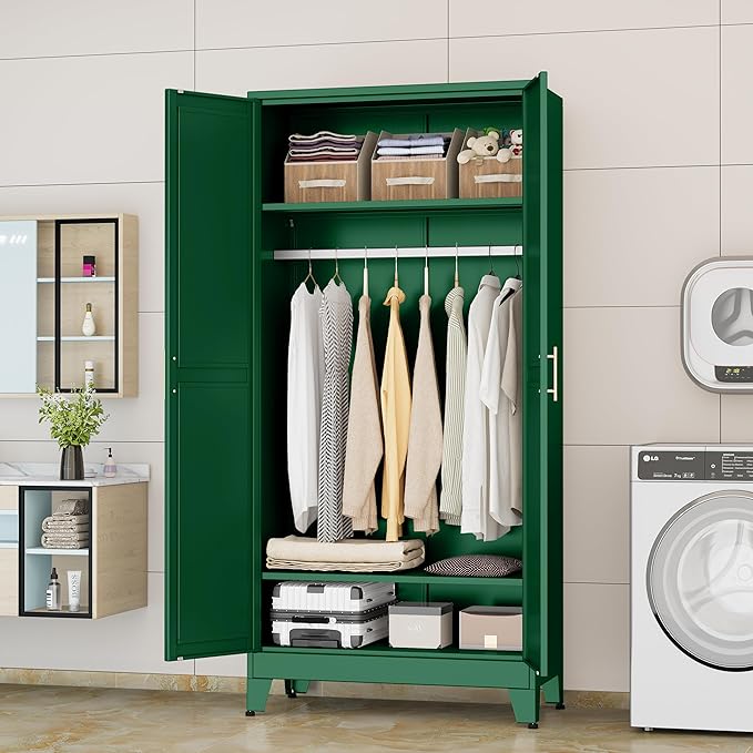 71 "Metal Armoire Wardrobe Closet, Steel Clothing Storage Cabinet with Adjustable Shelves and Hanging Rod, Household Steel Wardrobes Storage Cabinet with Adjustable standing feet (Wardrobe-Green)