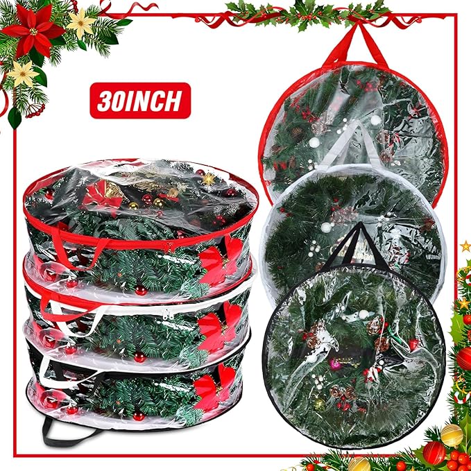 Zhengmy 6 Pcs Clear Christmas Wreath Storage Bag Wreath Storage Container With fixing strap Wreath Storage Box with Handles for Storing Garland Holiday Wreath Wrapping(30 Inches)
